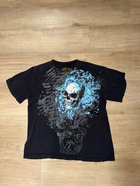 Helix Black Tee with Blue Skull and Ornamental Graphic